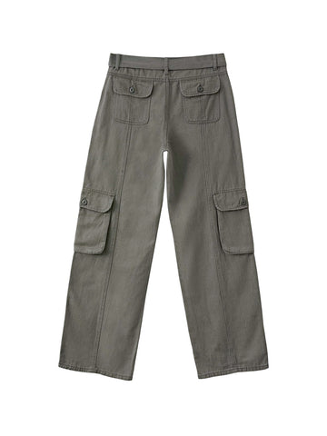Sonicelife 2024 New Fashion Woman Bottom Elegant Washed Pocket Patched Cargo Jeans