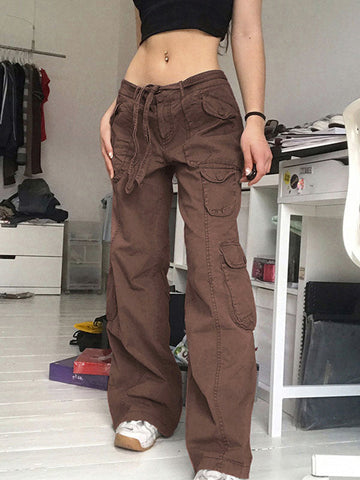 Sonicelife 2024 New Fashion Woman Bottom Elegant Washed Pocket Patched Cargo Jeans