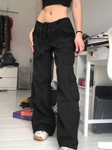 Sonicelife 2024 New Fashion Woman Bottom Elegant Washed Pocket Patched Cargo Jeans