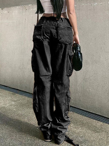 Sonicelife 2024 New Fashion Woman Bottom Elegant Vintage Pocket Patched Cargo Jeans