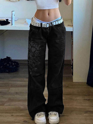 Sonicelife 2024 New Fashion Woman Bottom Elegant Washed Heart Pattern Cargo Jeans