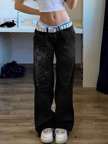 Sonicelife 2024 New Fashion Woman Bottom Elegant Washed Heart Pattern Cargo Jeans