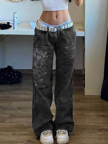 Sonicelife 2024 New Fashion Woman Bottom Elegant Washed Heart Pattern Cargo Jeans