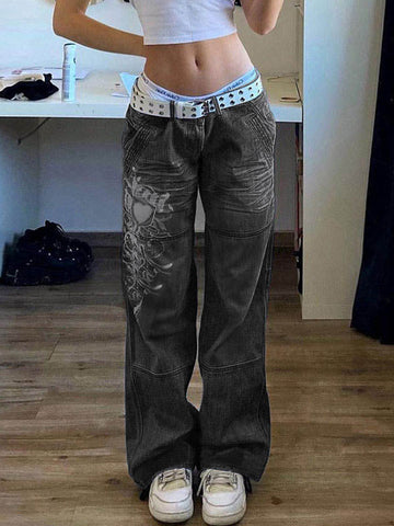 Sonicelife 2024 New Fashion Woman Bottom Elegant Washed Heart Pattern Cargo Jeans