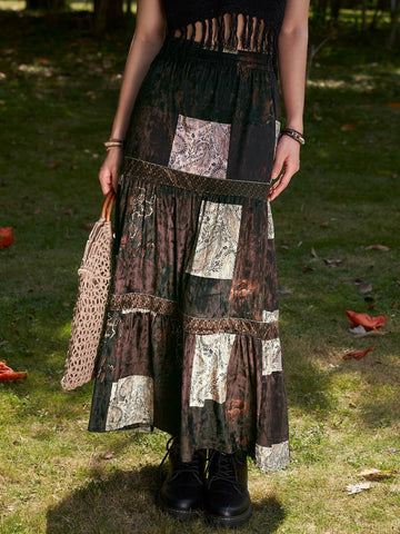 Sonicelife 2024 New Fashion Woman Bottom Elegant Patchwork Velvet Printed Maxi Skirt