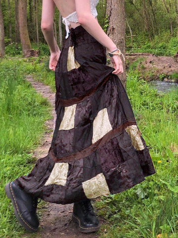 Sonicelife 2024 New Fashion Woman Bottom Elegant Patchwork Velvet Printed Maxi Skirt