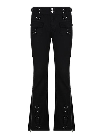 Sonicelife 2024 New Fashion Woman Bottom Elegant Zipper Design Low Waist Flare Cargo Jeans