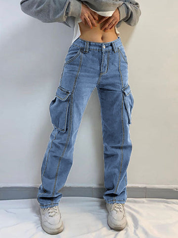 Sonicelife 2024 New Fashion Woman Bottom Elegant Washed Mid Waist Pocket Cargo Jeans