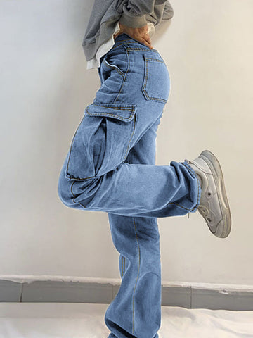 Sonicelife 2024 New Fashion Woman Bottom Elegant Washed Mid Waist Pocket Cargo Jeans