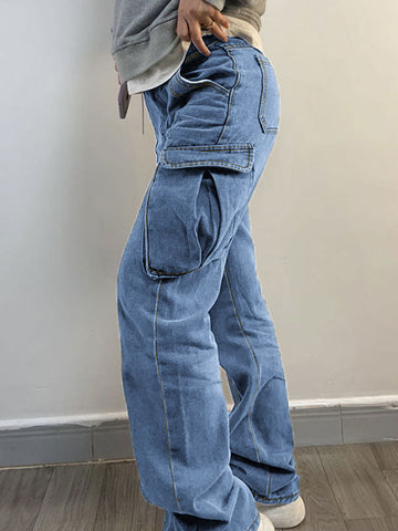 Sonicelife 2024 New Fashion Woman Bottom Elegant Washed Mid Waist Pocket Cargo Jeans
