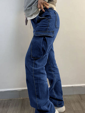 Sonicelife 2024 New Fashion Woman Bottom Elegant Washed Mid Waist Pocket Cargo Jeans