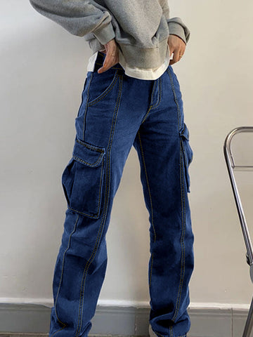 Sonicelife 2024 New Fashion Woman Bottom Elegant Washed Mid Waist Pocket Cargo Jeans