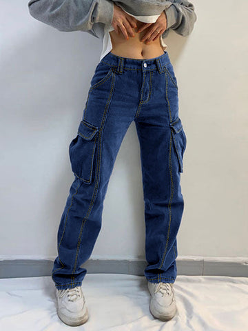 Sonicelife 2024 New Fashion Woman Bottom Elegant Washed Mid Waist Pocket Cargo Jeans
