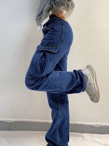 Sonicelife 2024 New Fashion Woman Bottom Elegant Washed Mid Waist Pocket Cargo Jeans