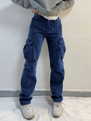 Sonicelife 2024 New Fashion Woman Bottom Elegant Washed Mid Waist Pocket Cargo Jeans