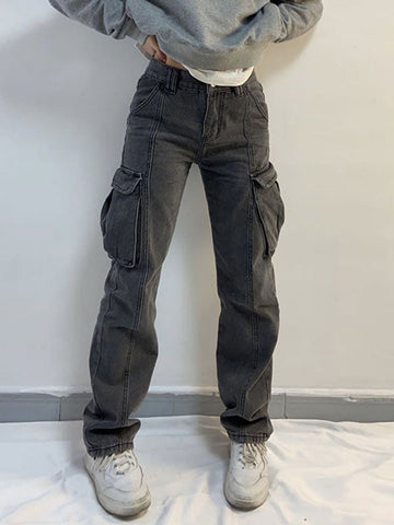 Sonicelife 2024 New Fashion Woman Bottom Elegant Washed Mid Waist Pocket Cargo Jeans