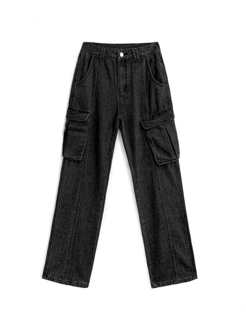 Sonicelife 2024 New Fashion Woman Bottom Elegant Washed Mid Waist Pocket Cargo Jeans