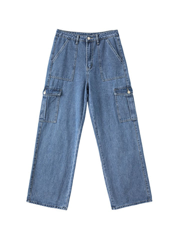 Sonicelife 2024 New Fashion Woman Bottom Elegant Washed Mid Waist Pocket Cargo Jeans