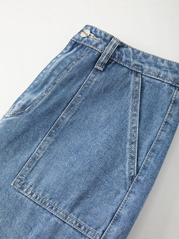 Sonicelife 2024 New Fashion Woman Bottom Elegant Washed Mid Waist Pocket Cargo Jeans