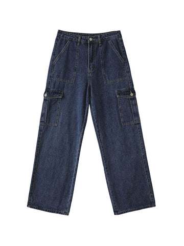 Sonicelife 2024 New Fashion Woman Bottom Elegant Washed Mid Waist Pocket Cargo Jeans