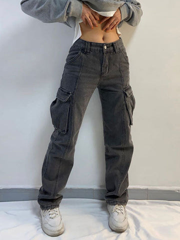 Sonicelife 2024 New Fashion Woman Bottom Elegant Washed Mid Waist Pocket Cargo Jeans