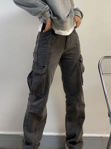 Sonicelife 2024 New Fashion Woman Bottom Elegant Washed Mid Waist Pocket Cargo Jeans