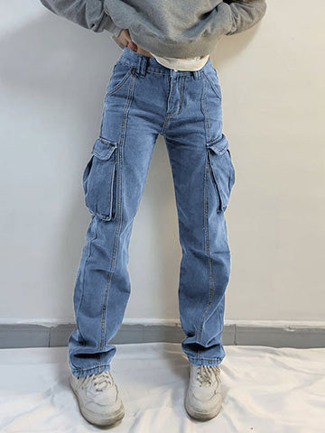 Sonicelife 2024 New Fashion Woman Bottom Elegant Washed Mid Waist Pocket Cargo Jeans