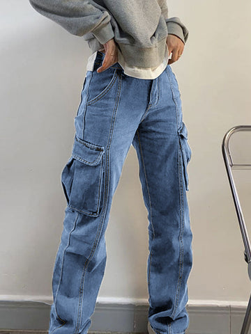 Sonicelife 2024 New Fashion Woman Bottom Elegant Washed Mid Waist Pocket Cargo Jeans