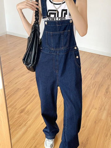 Sonicelife 2024 New Fashion Woman Bottom Elegant Vintage Wash Pocket Denim Overall