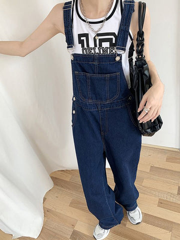Sonicelife 2024 New Fashion Woman Bottom Elegant Vintage Wash Pocket Denim Overall