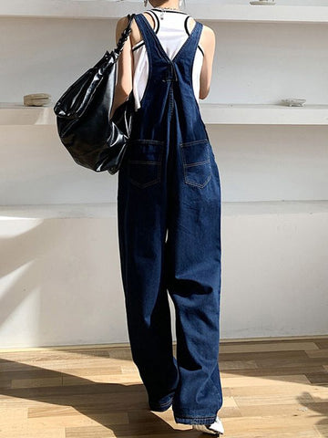 Sonicelife 2024 New Fashion Woman Bottom Elegant Vintage Wash Pocket Denim Overall