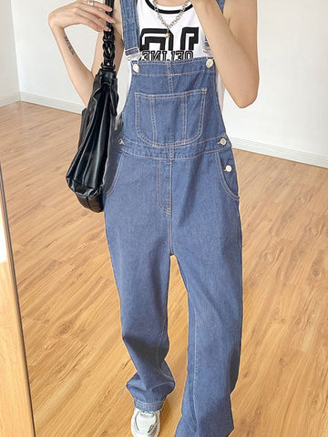 Sonicelife 2024 New Fashion Woman Bottom Elegant Vintage Wash Pocket Denim Overall
