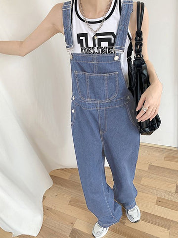 Sonicelife 2024 New Fashion Woman Bottom Elegant Vintage Wash Pocket Denim Overall