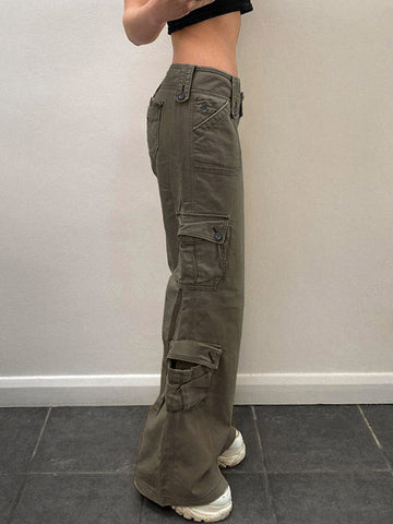 Sonicelife 2024 New Fashion Woman Bottom Elegant Buttoned Straight Leg Cargo Jeans