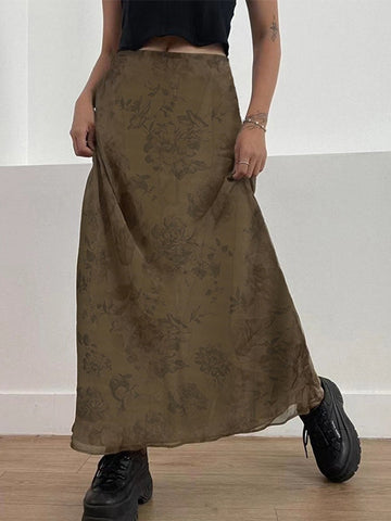 Sonicelife 2024 New Fashion Woman Bottom Elegant Vintage Mesh Floral Brown Maxi Skirt