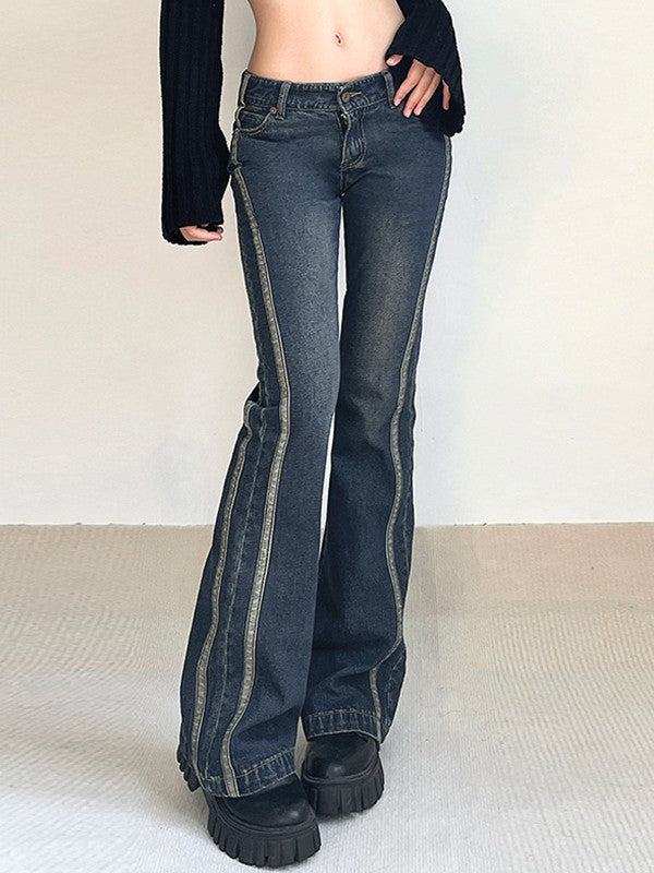 Sonicelife 2024 New Fashion Woman Bottom Elegant Panel Striped Vintage Flare Jeans