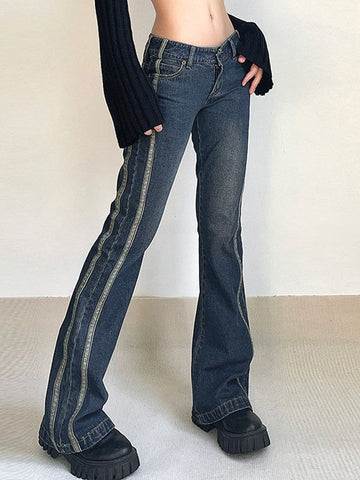 Sonicelife 2024 New Fashion Woman Bottom Elegant Panel Striped Vintage Flare Jeans