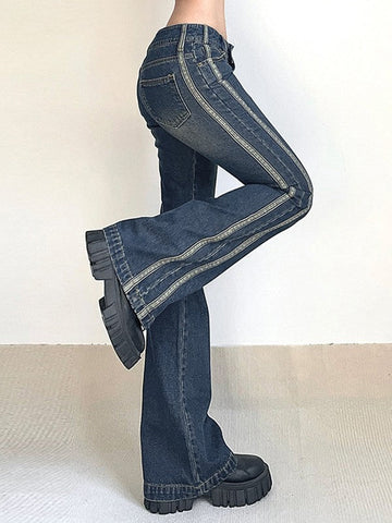 Sonicelife 2024 New Fashion Woman Bottom Elegant Panel Striped Vintage Flare Jeans