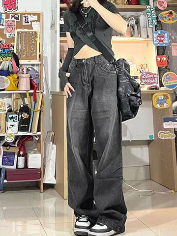 Sonicelife 2024 New Fashion Woman Bottom Elegant Vintage Black Wash Boyfriend Jeans