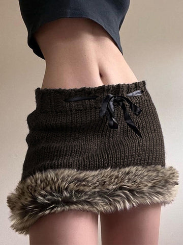 Sonicelife 2024 New Fashion Woman Bottom Elegant Faux Fur Trim Knitted Mini Skirt