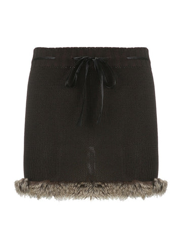 Sonicelife 2024 New Fashion Woman Bottom Elegant Faux Fur Trim Knitted Mini Skirt