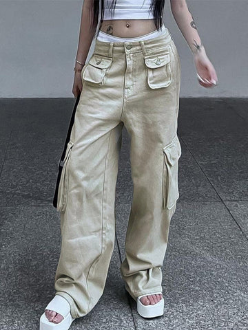 Sonicelife 2024 New Fashion Woman Bottom Elegant Vintage Khaki Baggy Cargo Jeans