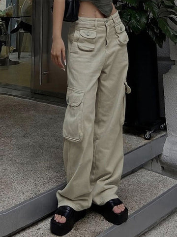 Sonicelife 2024 New Fashion Woman Bottom Elegant Vintage Khaki Baggy Cargo Jeans
