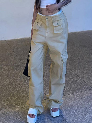 Sonicelife 2024 New Fashion Woman Bottom Elegant Vintage Khaki Baggy Cargo Jeans