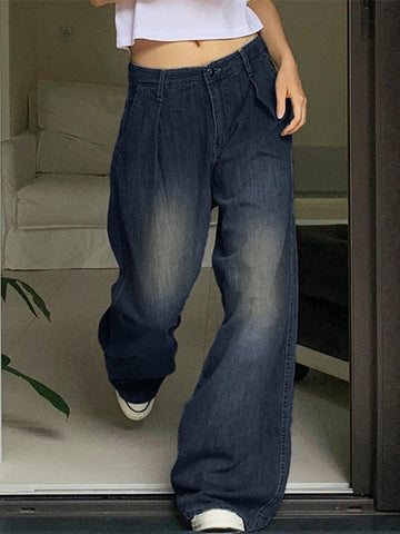 Sonicelife 2024 New Fashion Woman Bottom Elegant Pleat Faded Denim Boyfriend Jeans