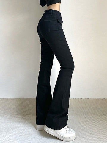 Sonicelife 2024 New Fashion Woman Bottom Elegant Washed Black Y2K Flare Jeans