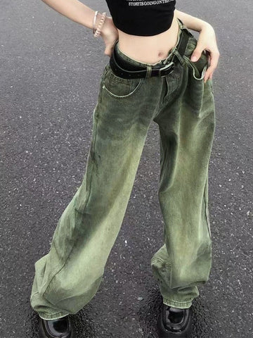 Sonicelife 2024 New Fashion Woman Bottom Elegant Vintage Wash Green 90s Boyfriend Jeans