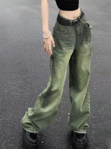 Sonicelife 2024 New Fashion Woman Bottom Elegant Vintage Wash Green 90s Boyfriend Jeans