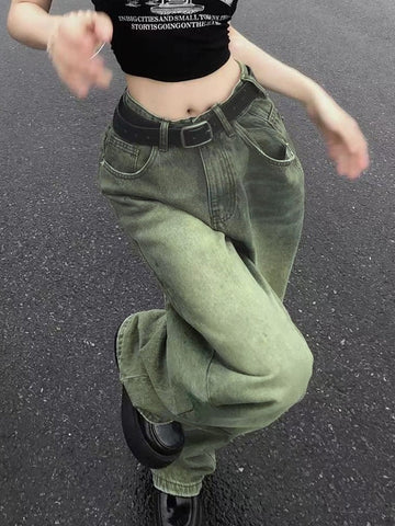 Sonicelife 2024 New Fashion Woman Bottom Elegant Vintage Wash Green 90s Boyfriend Jeans