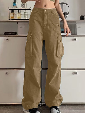 Sonicelife 2024 New Fashion Woman Bottom Elegant Zip Pocket Straight Leg Cargo Jeans
